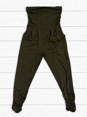 ADC Women's Olive Green Strapless Ruched Knit Jumpsuit L With Pockets